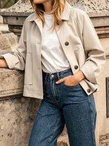 Short Lapel Utility Trench Coat, Back Button Detail, Autumn/Winter, Loose Fit, Suitable For Casual Outdoor Wear - Apricot - View 6