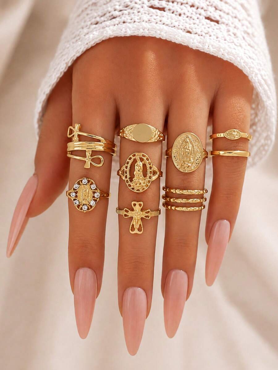 11pcs Exaggerated Rhinestone Crown & Cross Punk Fashion Finger Rings, Suitable For All Occasions, Great Jewelry Gift - Yellow Gold - View 1