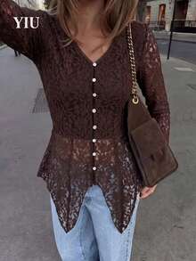 YIU LUMOS Women's Coffee Brown Lace Cardigan, Openwork Long Sleeve Button Front Relaxed, Vintage French Chic Top For Fall Winter Daily Office - Coffee Brown - View 3
