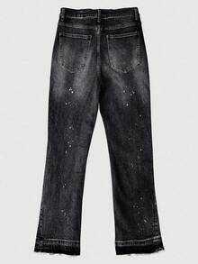 Men's Light Business High-End Minimalist Versatile Washed Distressed Hem Straight Leg Casual Jeans, Button & Zipper Closure, All-Season Wear, Slight Flare Open Hem Streetwear Casual Pants - Black - View 6