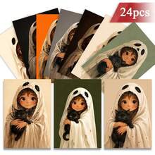 24pcs+1 Red Envelope Cute & Quirky Halloween Postcards, Girl Holding Black Cat Design With Boo Text, Suitable For Friends, Halloween Themed Artistic Style Greeting Cards - Sets - View 2