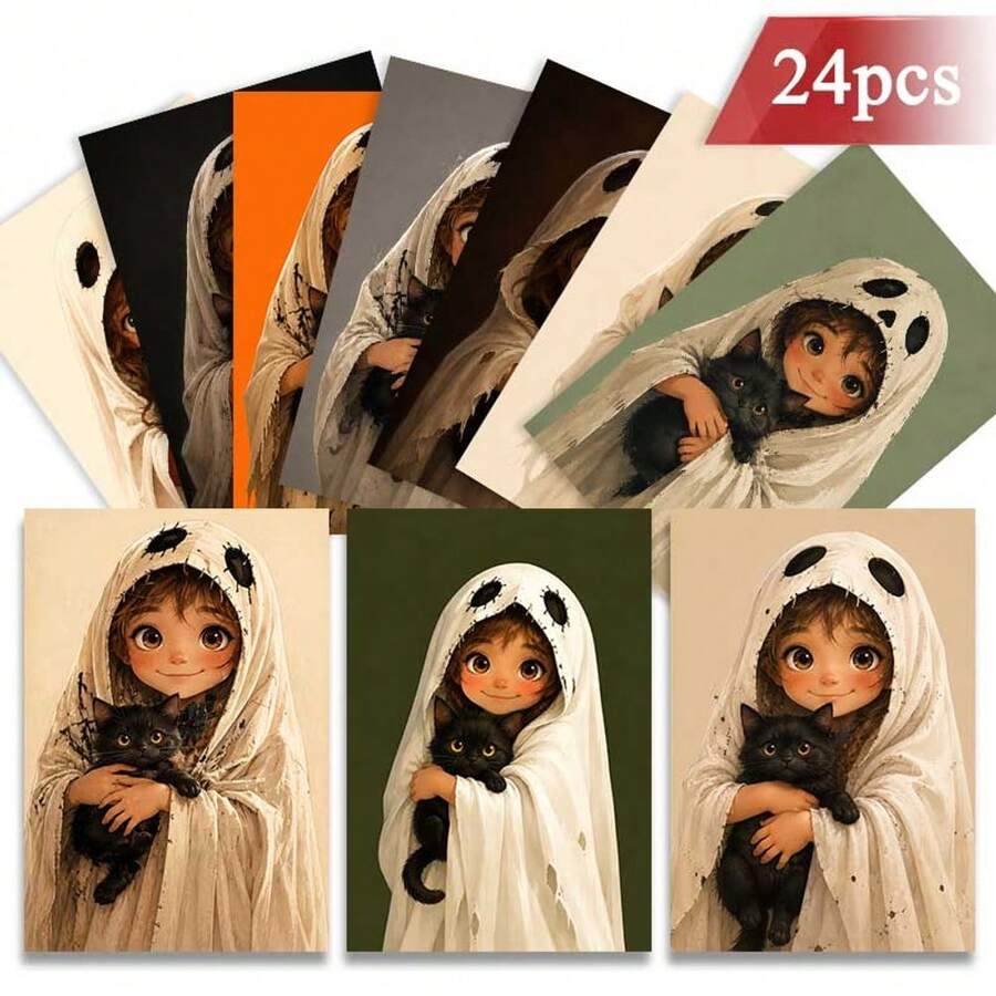 24pcs+1 Red Envelope Cute & Quirky Halloween Postcards, Girl Holding Black Cat Design With Boo Text, Suitable For Friends, Halloween Themed Artistic Style Greeting Cards
