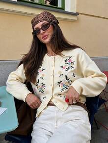 Fall/Winter 2026 New Vintage Floral Embroidered Cardigan Sweater, Versatile Pullover Knit Cardigan Top - White - View 9