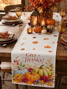Thanksgiving Autumn Table Runner GIVE THANKS Watercolor Pumpkin Berry Pattern Rustic Country Style Autumn Holiday Dining Table Decor Maple Leaf Pine Cone Floral Print Restaurant Kitchen Home Decor - Multicolor - View 2