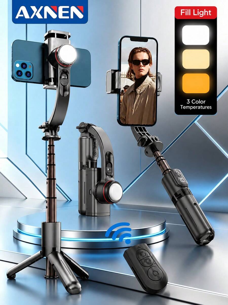 AXNEN Anti-Shake Phone Video Gimbal Stabilizer, Bluetooth Selfie Stabilizer With Extendable Selfie Stick Tripod, Rotating Phone Holder With Fill Light, Suitable For Smartphone Video Recording, Live Streaming, Summer Vacation, Travel, Outdoor Activities
