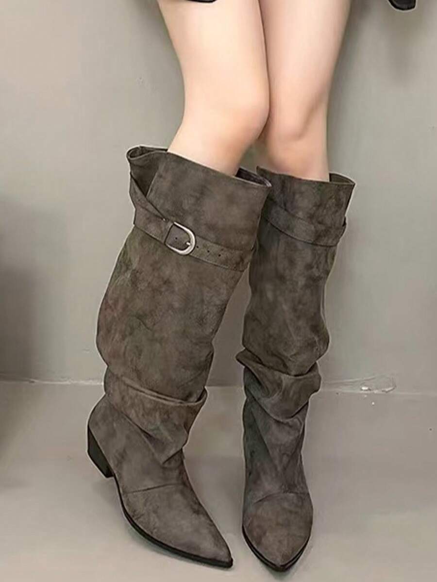 Grey Slouchy High-Top Women's Boots, Pointed Toe Buckle Decor Chunky Heel Ruched Tall Boots, Winter Elegant Vintage Women's Boots, Versatile Ladies Shoes - Grey - View 1