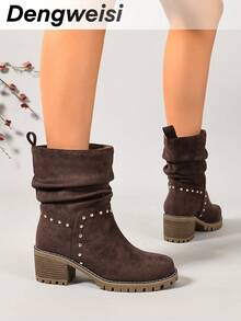 DENGWEISI Brown Rivet Punk Women's Boots, Chunky Mid-Heel Square Toe, Comfortable Versatile Office Commute Daily Vacation Holiday Street Spring Autumn Fashion Mid-Calf Boots - Coffee Brown - View 6