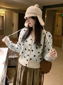 Polka Dot V-Neck Knit Cardigan Slimming Women's Short Sweater, Autumn - Apricot - View 5