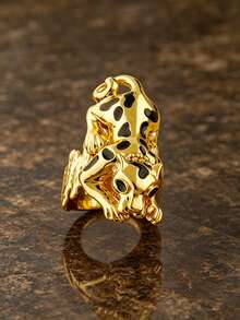 Letingsha Gold-Plated Black Enamel Leopard Print Cufflinks Bracelet And Open Ring Set, Luxury Animal-Shaped Jewelry, Suitable For Women, Perfect For Weddings, Banquets And Daily Party Accessories - Yellow Gold - View 7