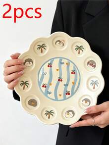 1/2pcs Cute Cartoon Ruffled Ceramic Plates, Pig Bow Penguin Coconut Tree Print Dinner Plates, INS Style Home Dessert Plates, 2 Styles Available, Breakfast Snack Plates, Pasta Plates, Dinner Plates, Fruit Plates, Tableware - Multicolor - View 13