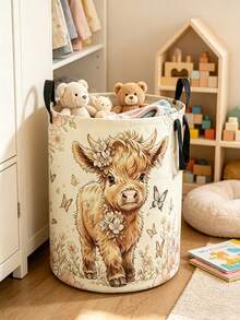 Cute Highland Cow Floral Print Laundry Hamper, Collapsible Large‑Capacity Storage Basket With Handles, Clothing Storage, Unisex, Essential For Daily Home And Dorm Use - Multicolor - View 4