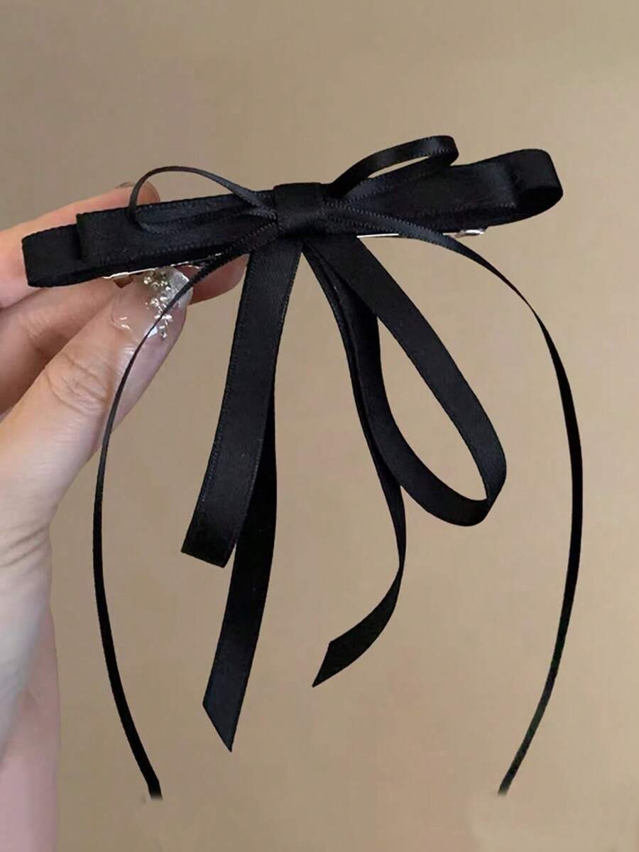 1pc Women's Solid Color Fabric Bow Double Layer Ribbon Hair Clip, Cute Girl Autumn College Style Holiday Hair Accessory For Outings And Travel - Black - View 1