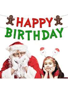 Christmas-Themed Happy Birthday Banner, Red And Green Glittery Birthday Flags With Gingerbread Man Pennants, Winter Birthday Party Christmas-Style Decorations - View 6