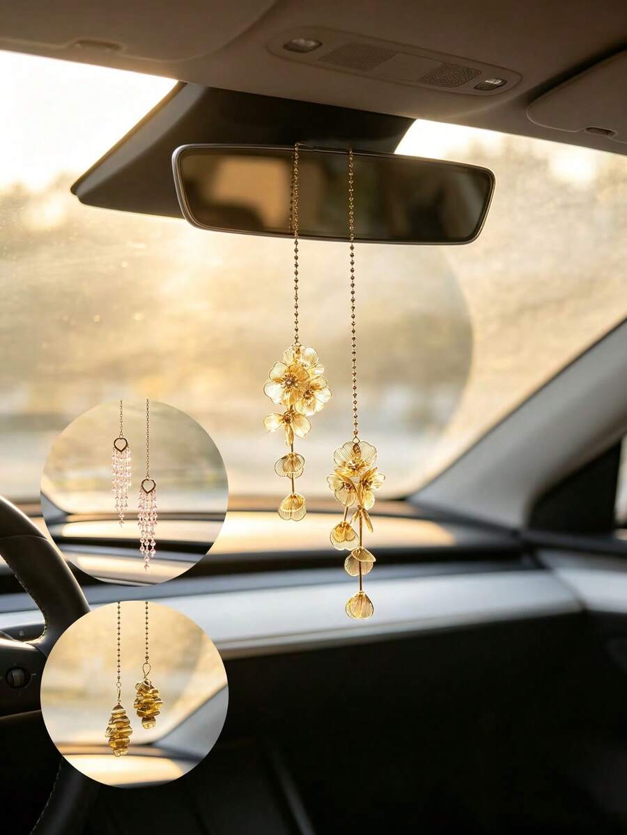 1pc Multi‑Style Metal Flower Hanging Ornament, Car Rearview Mirror Pendant, Auto Interior Decor Accessory - A - View 1