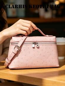 Handbag 3D Box-Shaped Polka Dot Embossed Small Tote Bag With Metal Lock And Zipper Design, Crossbody Lunch Box Bag, Exquisite Compact Storage Bag For Daily Commute, Dating, Travel, INS Niche Design Fashion Versatile Women's Carry-On Bag - Pink - View 4