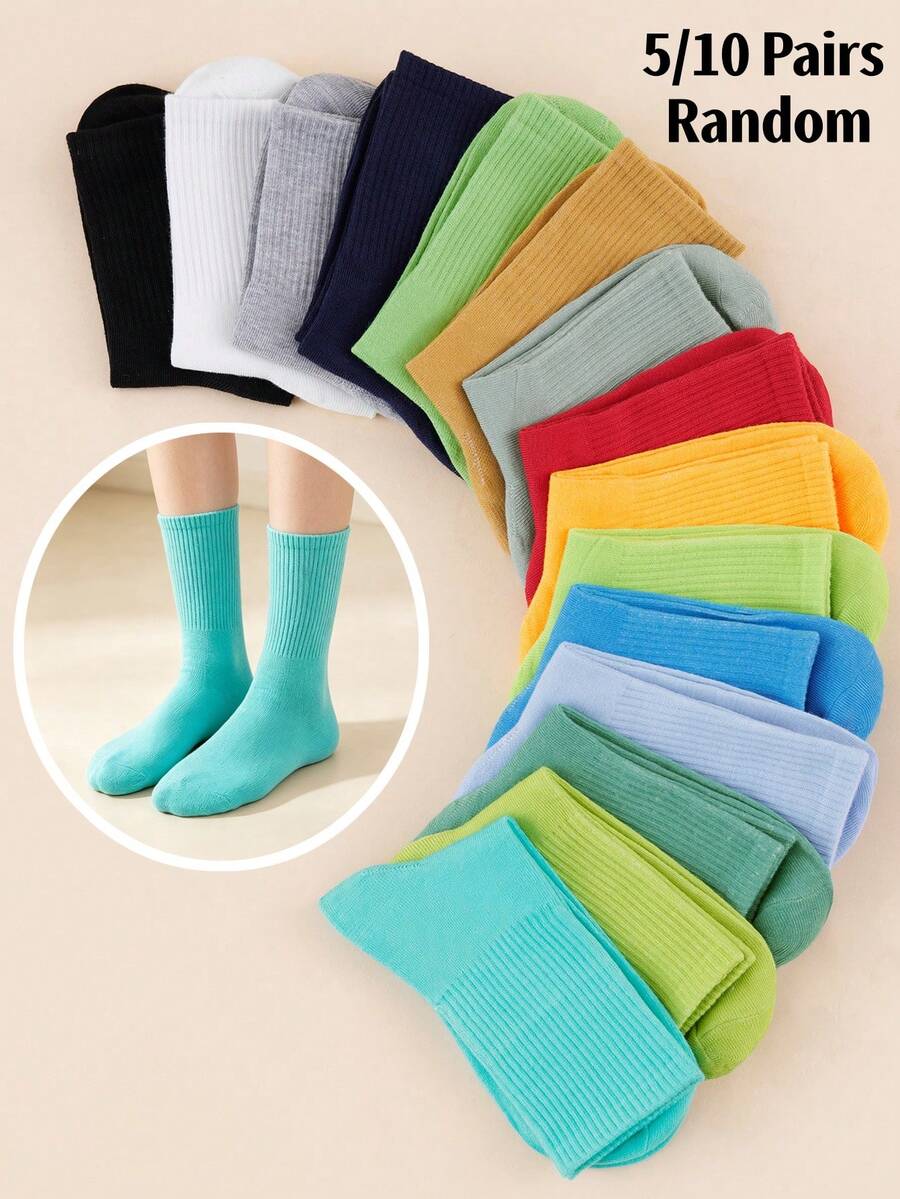 5/10 Pairs Women's Minimalist Solid Color All-Season Mid-Calf Socks - Multicolor - View 1