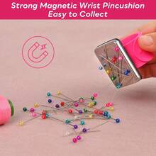 Magnetic Rose Red Wrist Pin Cushion 9.5 Inch, Includes 100pcs 1.5 Inch Colorful Ball Head Sewing Pins, Magnetic Pin Cushion Wrist Clip For Sewing - A - View 3