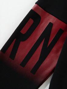 Men's Spring/Autumn Thin Colorblock Letter Print Drawstring Hooded Sweatshirt, Slim Fit Sports Casual Top - Red - View 6