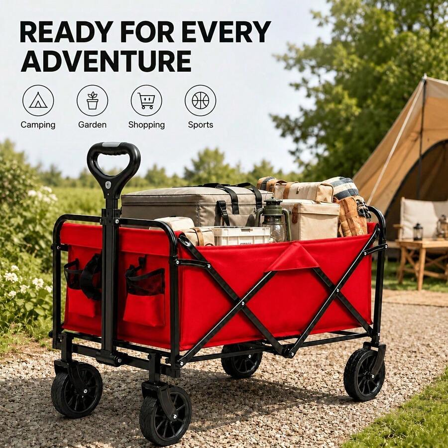 Heavy Duty Collapsible Outdoor Utility Wagon,Folding Grocery Shopping Cart With Wheels,All-Terrain Portable Beach Wagon ForCamping, Sports & Garden, Black