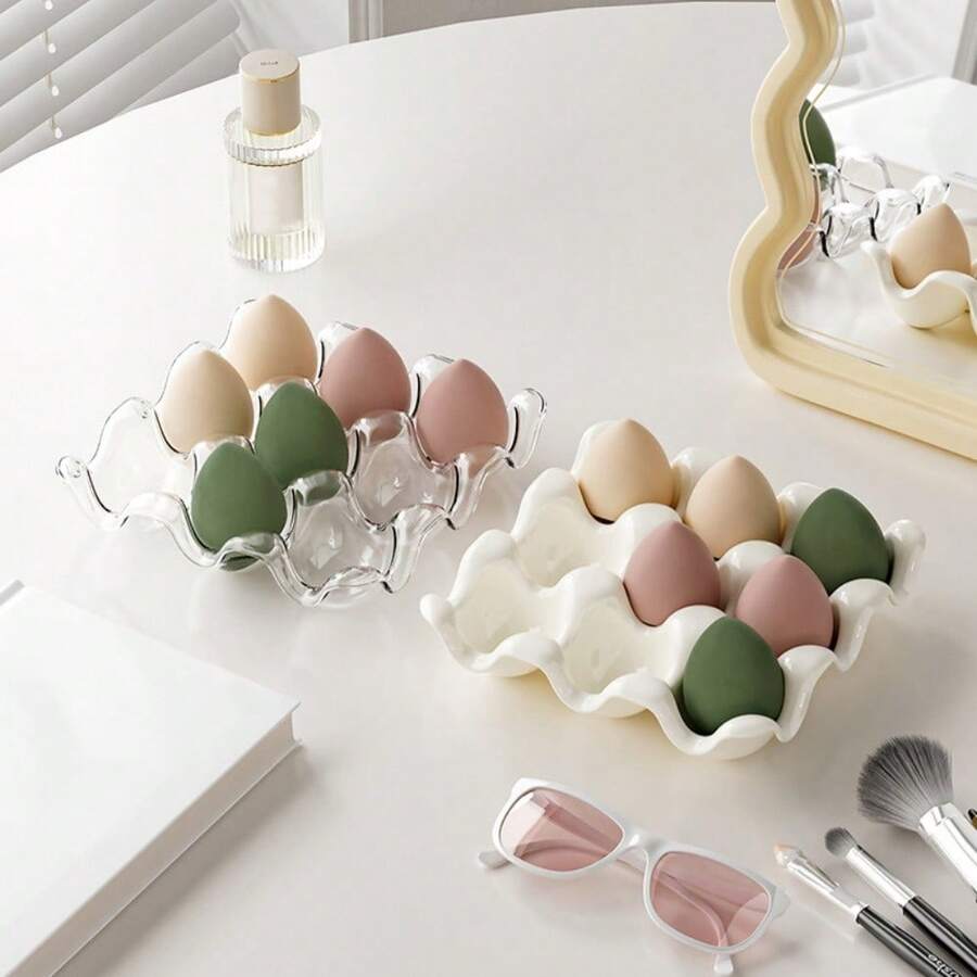 9-Slot Makeup Sponge Storage Tray, PET Material Makeup Puff Holder, Wavy Design Makeup Sponge Storage Rack, Dust-Proof Drawer-Style Vanity Storage Organizer, Multi-Compartment Makeup Tool Display Storage Box, Suitable For Bathroom, Vanity Desktop Makeup Accessory Storage Box, Available In White/Transparent - Multicolor - View 1