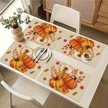 1/4/6pcs Autumn Series Beige Realistic Pumpkin White Flower & Autumn Leaf Pattern Printed Placemats, Heat-Resistant Table Mats For Home Kitchen/Dining Table Protection, Party Scene Decor - Multicolor - View 8