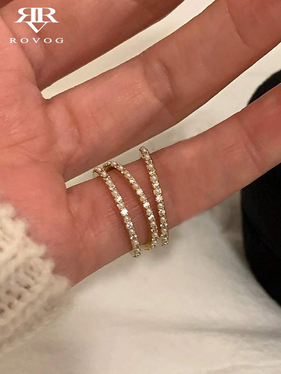 3pcs Minimalist Elegant Cubic Zirconia Faux Pearl Ring Set, Suitable For Women's Party And Gathering Wear - Yellow Gold - View 1