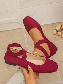 Spring/Autumn New Women's Burgundy Flat Shoes, Cross Elastic Strap, Square Toe, Slip-On, Soft, Versatile Ballet Style Mary Jane Shoes - Burgundy - View 2