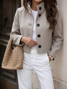 Women's Grey Wool Coat, Long Sleeve Stand Collar Button Short Jacket For Fashion Daily, Office, Commute, Spring Fall Winter Wardrobe Essential - Camel - View 6