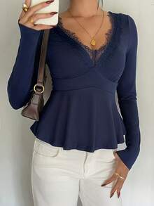 SCARLUX Autumn Y2K Deep Blue V-Neck Fitted Long Sleeve Top, Basic Style, Suitable For Back To School, Business And Casual Wear - Navy Blue - View 2