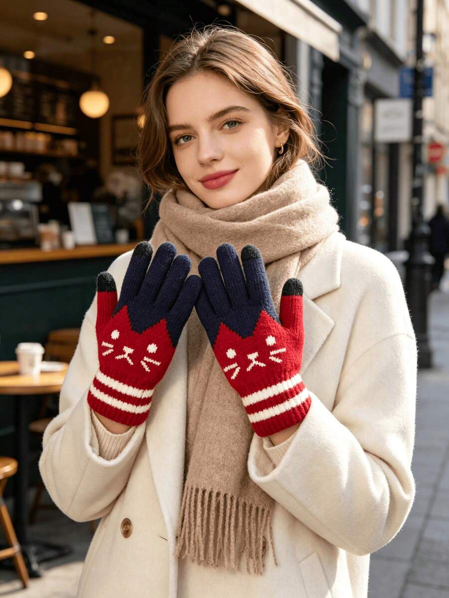 1 Pair Knitted Gloves - Washable, Woven Fabric, Thick Double Layer Warmth For Autumn/Winter, Color Block Elastic Cuff Cold-Proof Gloves - A - View 1