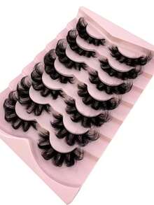 New 7 Pairs Russian Classic Cat Eye Faux Mink False Eyelashes, Natural DD Curl Fluffy Style, Cross Long Dense Faux Mink Strip Lashes, Create Natural Makeup Look - Black - View 4