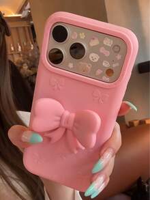 Korean Style 3D Pink Bow Stand Phone Case Compatible With Apple 17 Pro Max, 18 Pro, Cute 16 Silicone Soft Shell, 15 Full Coverage, 14 Anti-Drop Cover, 13 Pro, Women's 17 - Pink - View 6