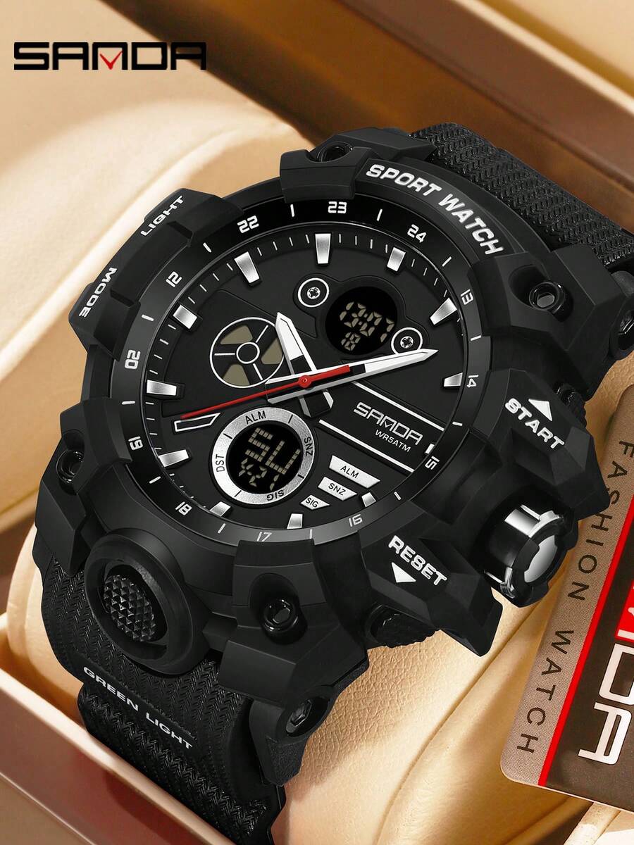 SANDA Men Outdoor Sport Watch, Dual Display 5ATM Waterproof Multi-Function Luminous Military Digital Analog Wristwatch