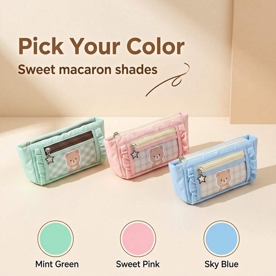 1pc Cute Plaid Pattern Pleated Pencil Case, Star Pendant Double Zipper Stationery Storage Bag, Large Capacity Transparent Window Pencil Pouch, Suitable For Back To School, Holidays, Travel, Soft Fabric Portable Makeup Organizer, Student Gift Choice - Single Piece - View 1