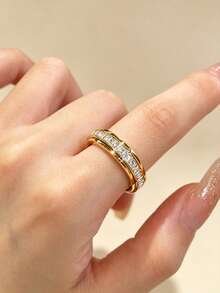 1pc Stainless Steel Rotating Double Ring Square Zirconia Lucky Spinner Ring - Gold - View 2