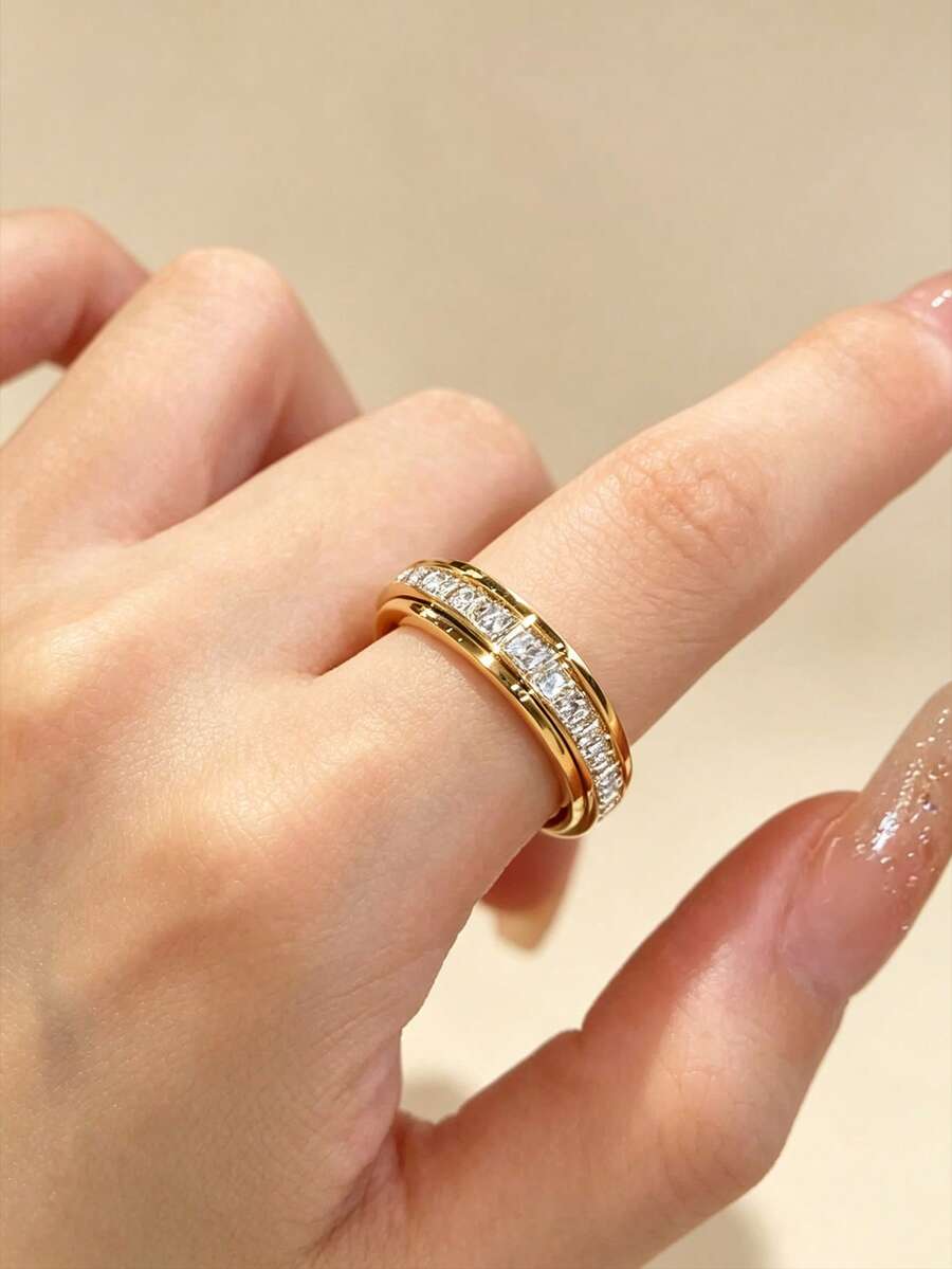 1pc Stainless Steel Rotating Double Ring Square Zirconia Lucky Spinner Ring