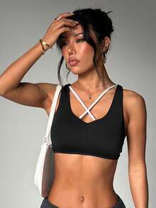 Women's Solid Color Removable Padded Racerback Criss-Cross Sports Knit Bra - Black and White - View 4