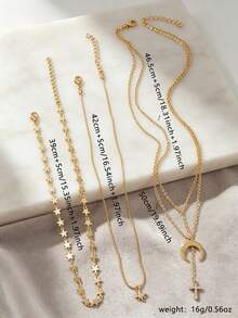 3pcs Star & Moon Shaped With Cross Pendant Necklace Set, Multi-Layer Stackable, Suitable For Women's Daily Wear, Dates, Parties And Gatherings - Yellow Gold - View 2