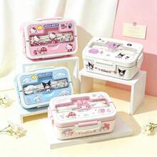 1pc Sanrio KT Cat Back To School Season Divided Lunch Box With Lid, Transparent Cover, Utensils Fork & Spoon, Reusable, Microwave Plastic Bento Box, Portable Breakfast Container, Perfect For Home Kitchen, School, Office, Travel And Outdoor Picnic, Random Stickers - Multicolor - View 1