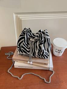 Zebra Stripe Drawstring Mini Bucket Bag For Women, Vintage Leopard Print Metal Chain Crossbody Small Bag, Drawstring Closure With Beaded Decoration, Casual Travel Party Handbag - Black - View 10