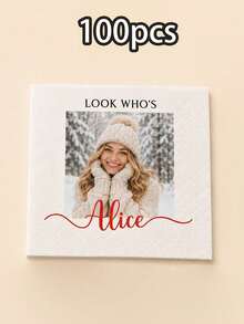 Custom Photo Name White Napkins, Elegant Christmas Dinner Table Decor, Personalized Cocktail Party Napkins For Wedding, Anniversary & Holiday Gatherings, Customized Keepsake Favor, Customizable Gift For Family & Friends, Disposable Dessert Napkins - Style E - View 12