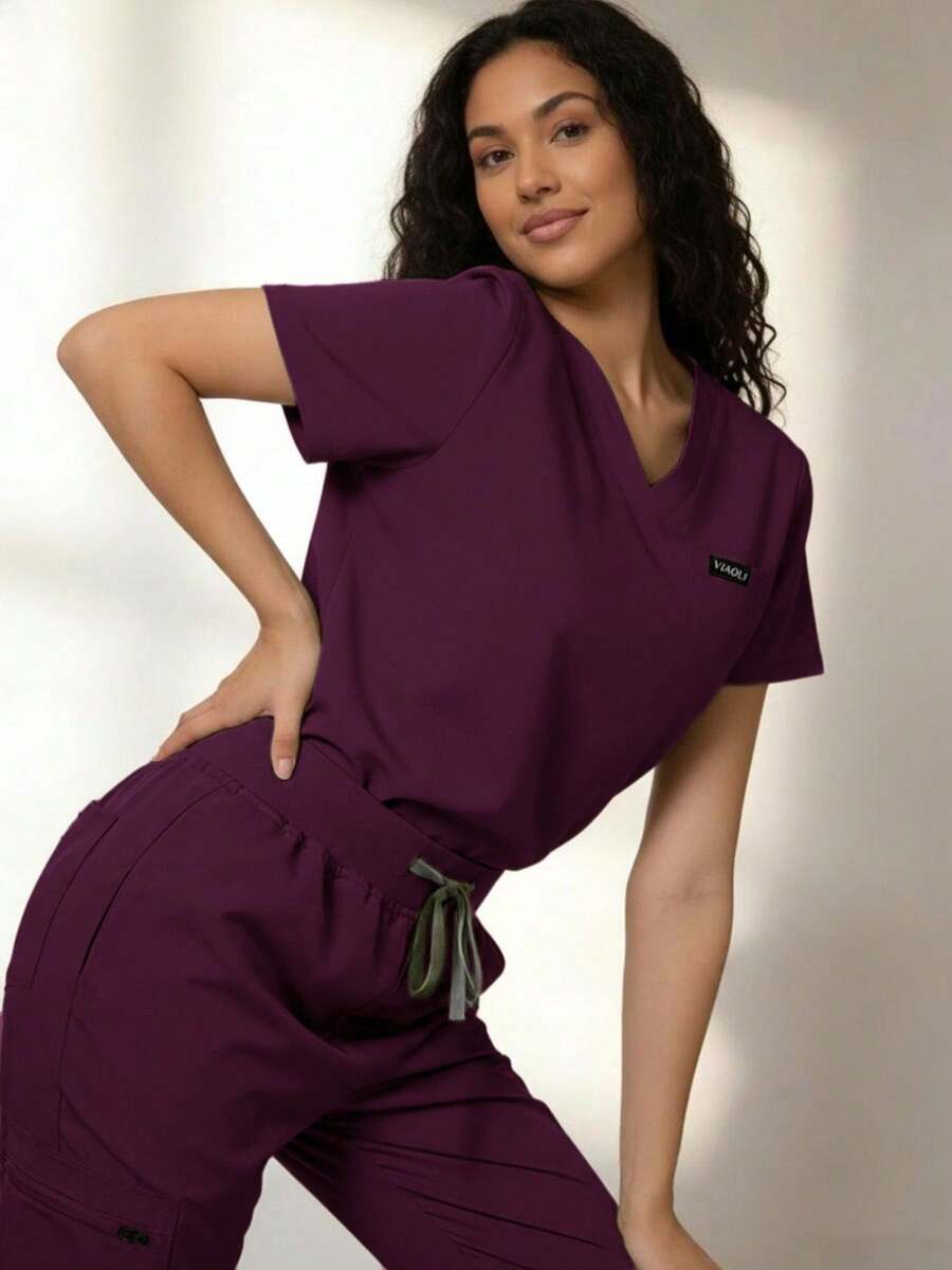 Women's Work Uniform Set - V-Neck Top And Sports Pants With Zipper Side Pockets, Anti-Pilling And Breathable Work Outfit Spring Fall