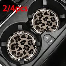 2/4pcs Leopard Print Rhinestone Fashion Car Coasters, Car Interior Decoration - Leopard Print Coasters - View 1