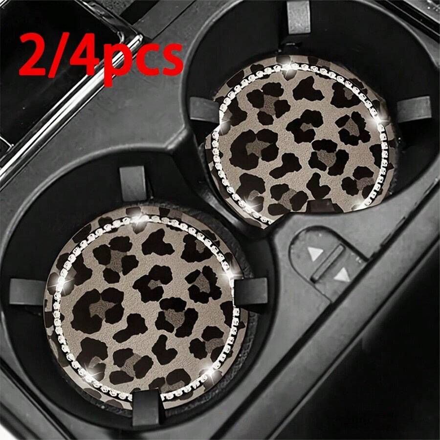 2/4pcs Leopard Print Rhinestone Fashion Car Coasters, Car Interior Decoration - Leopard Print Coasters - View 1
