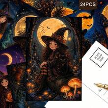 24張+A 紅包神秘迷人萬聖節明信片,女巫與南瓜月光場景,附「Happy Halloween」文字,適合送給朋友,秋季節慶藝術風格 - 套裝 - 查看 7