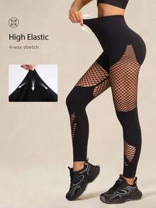 Women's Black High Waist Butt Lifting Yoga Leggings, Diamond Cutout Design, Suitable For Running And Gym, Daily Wear Autumn Outfit, Halloweencostume - Black - View 4