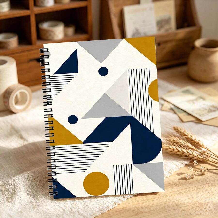 A5 Spiral Notebook, 100 Pages, 50 Sheets, 2D Flat Modern Abstract Triangle Pattern, Circle And Line Geometric Cover, Bound Notebook, Minimalist Aesthetic Stationery, Back To School Supplies - Minimalist Geometric - View 1