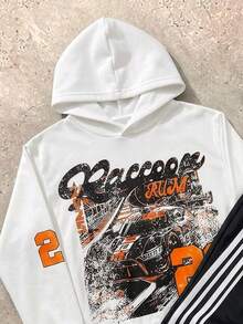 2pcs/Set Tween Boy Outdoor Casual Motorcycle Racing Letter Graphic Hoodie Sweatshirt And Contrast Stripe Digit Pattern Loose Comfortable Pants Set, Spring/Autumn - Black and White - View 3