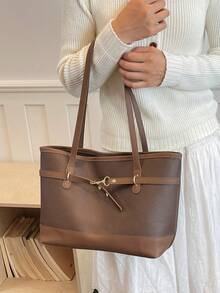 Women Color‑BlockTote Bag, Large Capacity Shoulder Handbag With Gold Metal Buckle For Work Daily Travel - Coffee Brown - View 3
