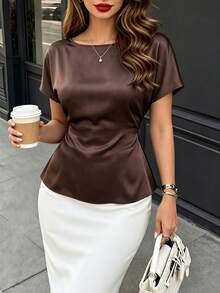 DONICY Women's Brown Flowy Waist-Tie Round Neck Fashion Casual Blouse - Coffee Brown - View 7